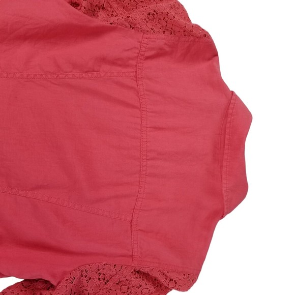 Chico's Linen Shacket Truckers Jacket Womens Sz M ( 1 ) Lace Sleeve Salmon - Picture 9 of 16